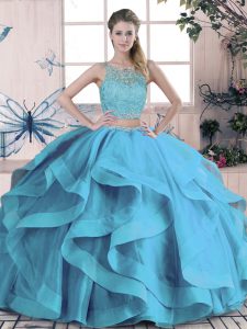 Custom Made Blue Two Pieces Beading and Ruffles Quinceanera Dress Lace Up Tulle Sleeveless Floor Length