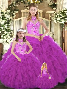 High Class Fuchsia Halter Top Lace Up Embroidery and Ruffles Quinceanera Dresses Sleeveless