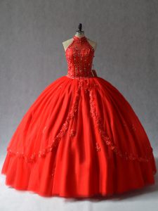 Eye-catching Tulle Halter Top Sleeveless Lace Up Appliques Sweet 16 Dresses in Red