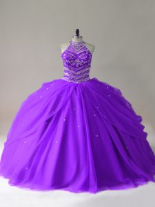 Fine Halter Top Sleeveless Quinceanera Gowns Floor Length Beading Purple Tulle