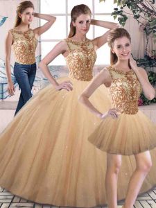 Gold Quinceanera Gowns Military Ball and Sweet 16 and Quinceanera with Beading Scoop Sleeveless Lace Up