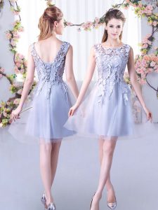 Elegant Grey Tulle Lace Up Dama Dress for Quinceanera Sleeveless Mini Length Lace