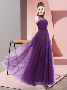 Unique Floor Length Dark Purple Dama Dress for Quinceanera Halter Top Sleeveless Lace Up