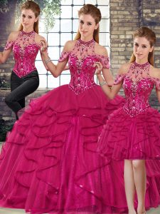 Lovely Fuchsia Lace Up Quince Ball Gowns Beading and Ruffles Sleeveless Floor Length
