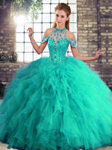 Decent Turquoise Sleeveless Tulle Lace Up Quinceanera Gown for Military Ball and Sweet 16 and Quinceanera