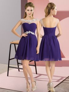 Cap Sleeves Chiffon Mini Length Lace Up Quinceanera Court Dresses in Purple with Beading