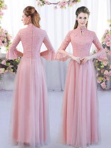 Low Price Pink Tulle Zipper Quinceanera Court of Honor Dress 3 4 Length Sleeve Floor Length Lace