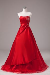 Wine Red Lace Up Strapless Beading and Embroidery Quinceanera Gown Organza Sleeveless