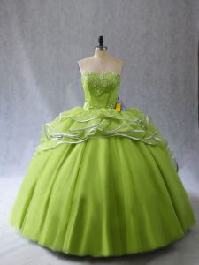 Dynamic Yellow Green Sweetheart Lace Up Appliques and Ruffles Vestidos de Quinceanera Brush Train Sleeveless