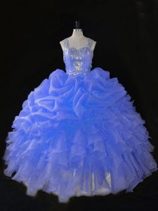 Blue Sleeveless Organza Zipper Quinceanera Gowns for Sweet 16 and Quinceanera