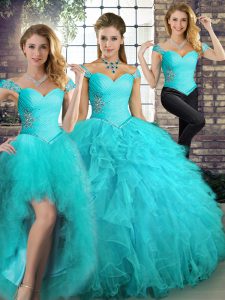 Sleeveless Tulle Floor Length Lace Up Quinceanera Gowns in Aqua Blue with Beading and Ruffles