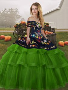 Artistic Green Off The Shoulder Lace Up Embroidery and Ruffled Layers Quince Ball Gowns Brush Train Sleeveless