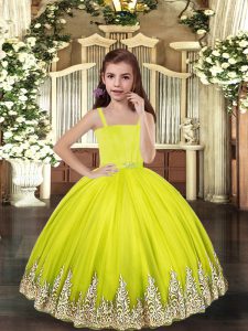Exquisite Yellow Green Ball Gowns Straps Sleeveless Tulle Floor Length Lace Up Embroidery Little Girls Pageant Dress Wholesale