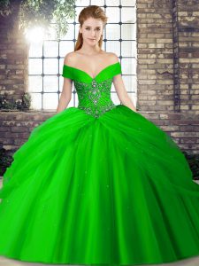 Low Price Green Lace Up Sweet 16 Quinceanera Dress Beading and Pick Ups Sleeveless Brush Train