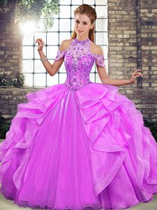 Lilac Lace Up Halter Top Beading and Ruffles Quince Ball Gowns Organza Sleeveless