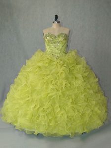 Charming Beading and Ruffles Sweet 16 Dress Yellow Green Lace Up Sleeveless Brush Train