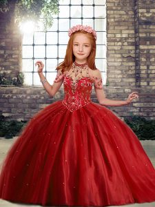 Super High-neck Sleeveless Tulle Pageant Gowns For Girls Beading Lace Up