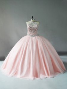 Top Selling Pink Sleeveless Floor Length Beading Quince Ball Gowns