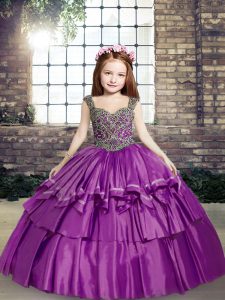 Floor Length Lace Up Kids Formal Wear Purple for Party and Military Ball and Wedding Party with Beading
