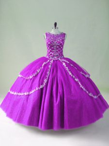 Fashion Purple Sleeveless Tulle Zipper Quince Ball Gowns for Sweet 16 and Quinceanera