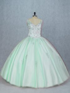 V-neck Sleeveless Tulle Sweet 16 Dress Beading and Appliques Lace Up