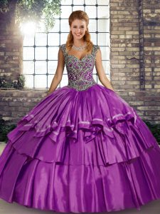 Suitable Straps Sleeveless Quinceanera Gown Floor Length Beading and Ruffled Layers Purple Taffeta