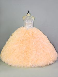 Dynamic Floor Length Lace Up Quinceanera Gowns Peach for Sweet 16 and Quinceanera with Beading and Ruffles