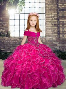 Floor Length Fuchsia Pageant Dress for Girls Straps Sleeveless Lace Up