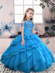 Beauteous Ball Gowns Kids Formal Wear Aqua Blue High-neck Organza Sleeveless Floor Length Lace Up
