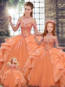 Orange Organza Lace Up 15th Birthday Dress Sleeveless Floor Length Beading and Ruffles
