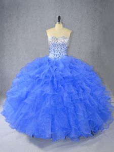 Low Price Sleeveless Floor Length Beading and Ruffles Lace Up Quince Ball Gowns with Blue