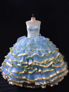 Traditional Organza Scoop Sleeveless Lace Up Ruffled Layers Ball Gown Prom Dress in Blue