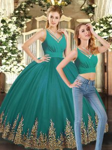 V-neck Sleeveless Sweet 16 Dresses Floor Length Embroidery Turquoise Tulle