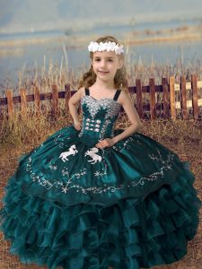 Sleeveless Floor Length Embroidery and Ruffled Layers Lace Up Pageant Dress for Teens with Green