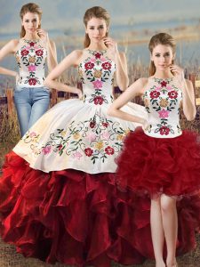Nice Ball Gowns Sweet 16 Quinceanera Dress White And Red Halter Top Organza Sleeveless Floor Length Lace Up