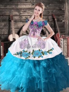 Sleeveless Organza Floor Length Lace Up Quinceanera Dresses in Teal with Embroidery and Ruffles