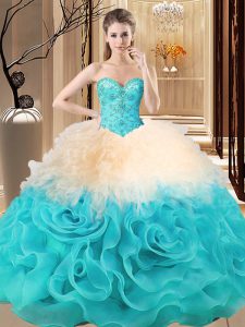 Affordable Ball Gowns Quince Ball Gowns Multi-color Sweetheart Fabric With Rolling Flowers Sleeveless Floor Length Lace Up