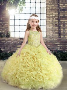 Shining Scoop Sleeveless Fabric With Rolling Flowers Kids Formal Wear Beading Lace Up