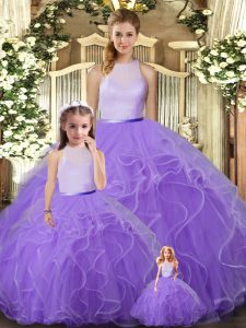 Hot Sale Lavender Backless High-neck Ruffles Ball Gown Prom Dress Tulle Sleeveless