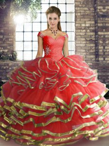 Sleeveless Tulle Floor Length Lace Up Quinceanera Dresses in Coral Red with Beading and Ruffled Layers