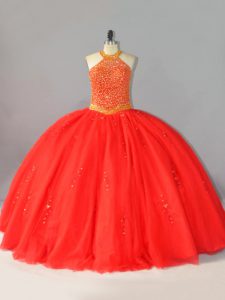 Sleeveless Tulle Floor Length Lace Up Quinceanera Dress in Coral Red with Beading