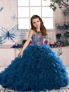 High Quality Navy Blue Lace Up Scoop Beading and Ruffles Child Pageant Dress Organza Sleeveless
