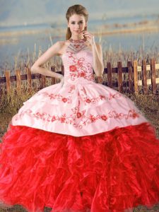 Attractive Red Ball Gowns Embroidery and Ruffles 15 Quinceanera Dress Lace Up Organza Sleeveless Floor Length