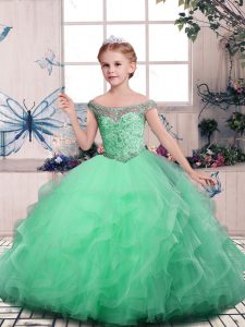 Sleeveless Tulle Floor Length Lace Up Pageant Dress in Apple Green with Beading and Ruffles