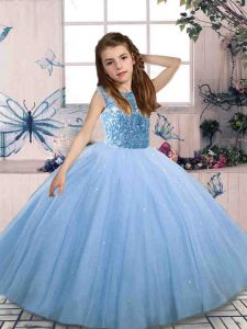 Floor Length Blue Kids Pageant Dress Scoop Sleeveless Lace Up