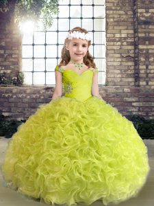 Custom Designed Yellow Green Ball Gowns Fabric With Rolling Flowers Straps Sleeveless Beading and Ruffles Floor Length Lace Up Pageant Dress Wholesale