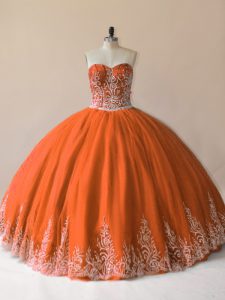 Sweetheart Sleeveless Quinceanera Dress Floor Length Embroidery Orange Tulle
