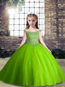 Off The Shoulder Sleeveless Pageant Dress Womens Floor Length Beading Green Tulle