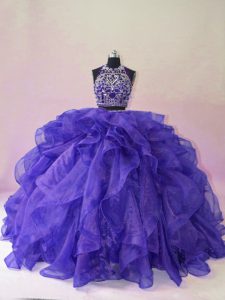 Dramatic Two Pieces Sleeveless Purple Vestidos de Quinceanera Brush Train Backless