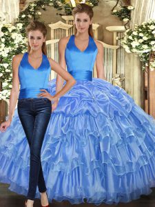 Baby Blue Lace Up Halter Top Ruffles and Pick Ups 15 Quinceanera Dress Organza Sleeveless